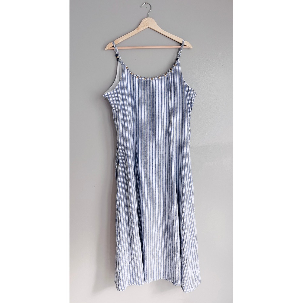 Calypso St. Barth XXL Blue White Striped Linen Blend Beaded Midi Dress Coastal